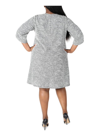 SIGNATURE BY ROBBIE BEE Womens Gray Textured Attached Necklace Roll-tab Sleeve Scoop Neck Above The Knee Wear To Work Shift Dress Plus 1X