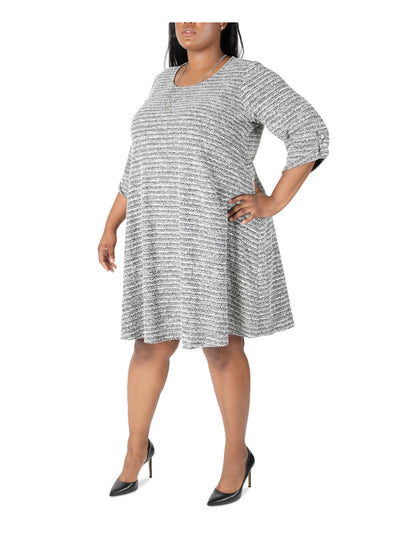 SIGNATURE BY ROBBIE BEE Womens Gray Textured Attached Necklace Roll-tab Sleeve Scoop Neck Above The Knee Wear To Work Shift Dress Plus 1X