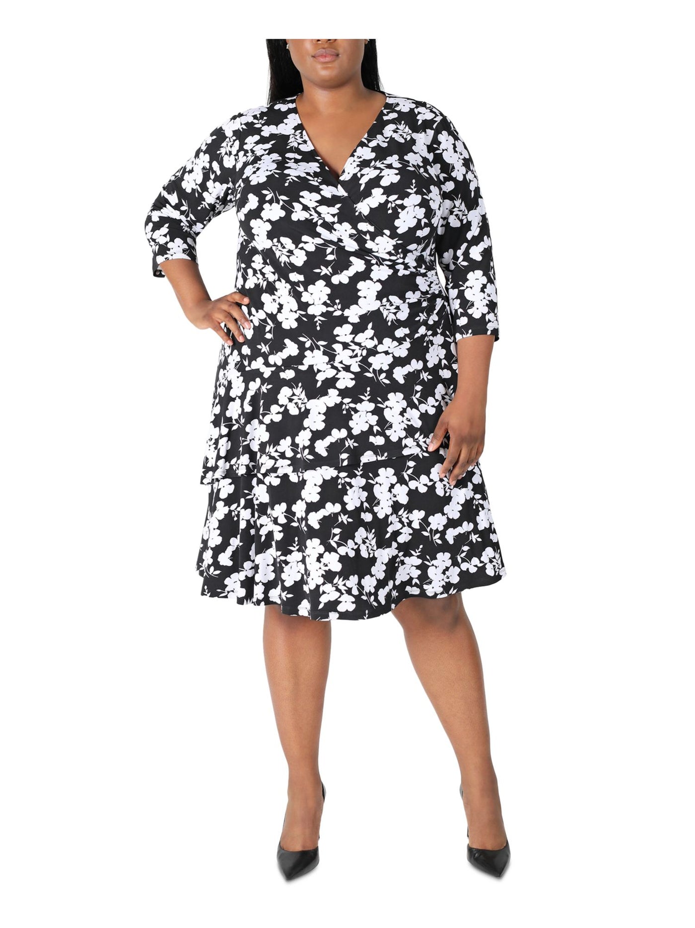 SIGNATURE BY ROBBIE BEE Womens Black Stretch Ruffled Floral Elbow Sleeve Surplice Neckline Knee Length Wear To Work Shift Dress Plus 3X