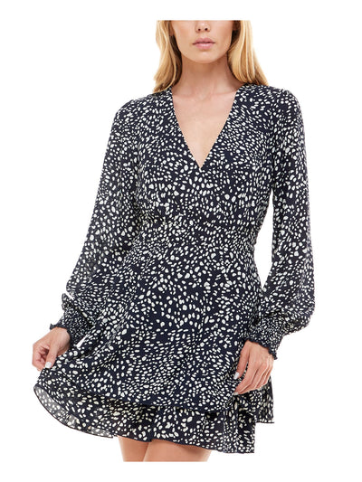 EMERALD SUNDAE Womens Navy Ruffled Sheer Long Sleeve V Neck Short Party Fit + Flare Dress 0