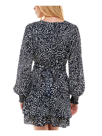 EMERALD SUNDAE Womens Navy Ruffled Sheer Long Sleeve V Neck Short Party Fit + Flare Dress 0