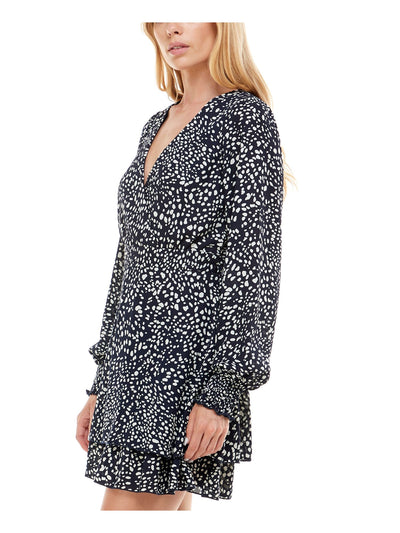 EMERALD SUNDAE Womens Navy Ruffled Sheer Long Sleeve V Neck Short Party Fit + Flare Dress 0