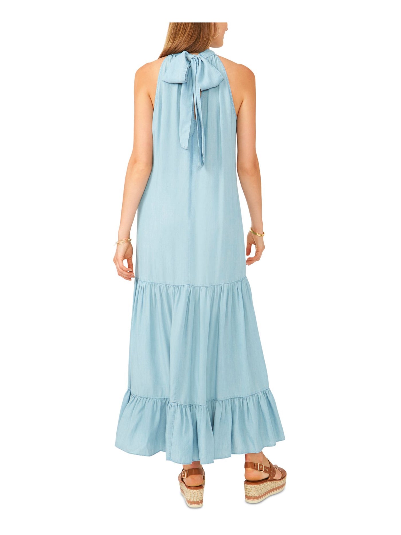 VINCE CAMUTO Womens Light Blue Zippered Tie Keyhole Back Tiered Hem Sleeveless Halter Maxi Trapeze Dress M