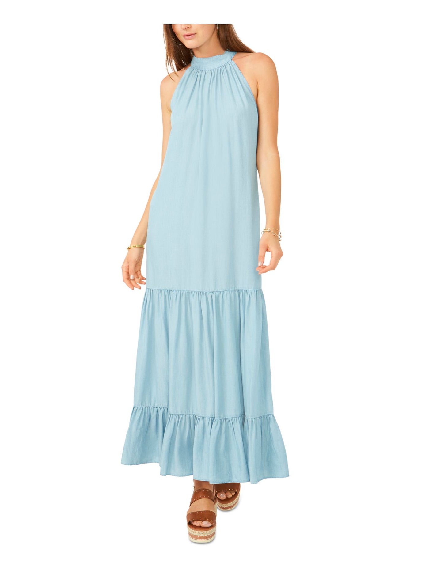 VINCE CAMUTO Womens Light Blue Zippered Tie Keyhole Back Tiered Hem Sleeveless Halter Maxi Trapeze Dress M