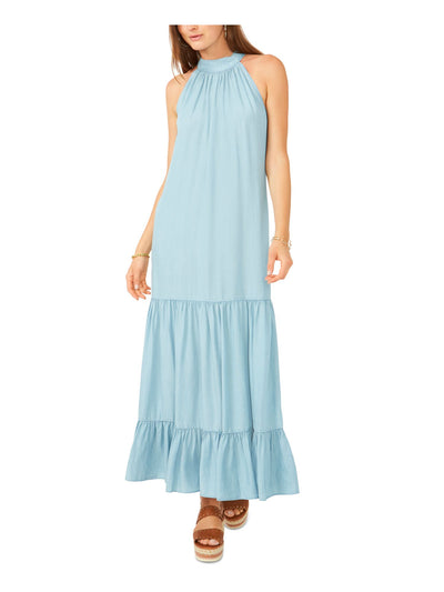 VINCE CAMUTO Womens Light Blue Zippered Tie Keyhole Back Tiered Hem Sleeveless Halter Maxi Trapeze Dress M