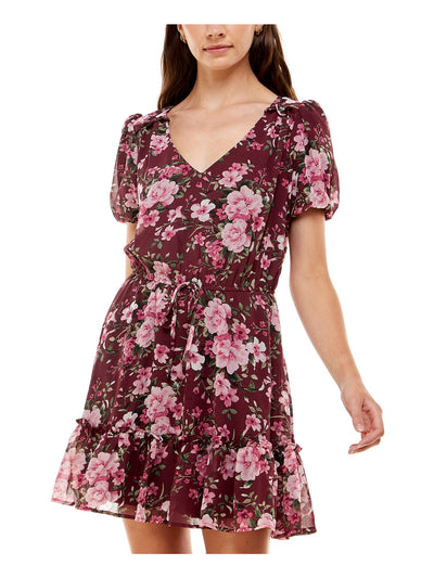 CRYSTAL DOLLS Womens Maroon Ruffled Tie Floral Pouf Sleeve V Neck Short Party Fit + Flare Dress XS