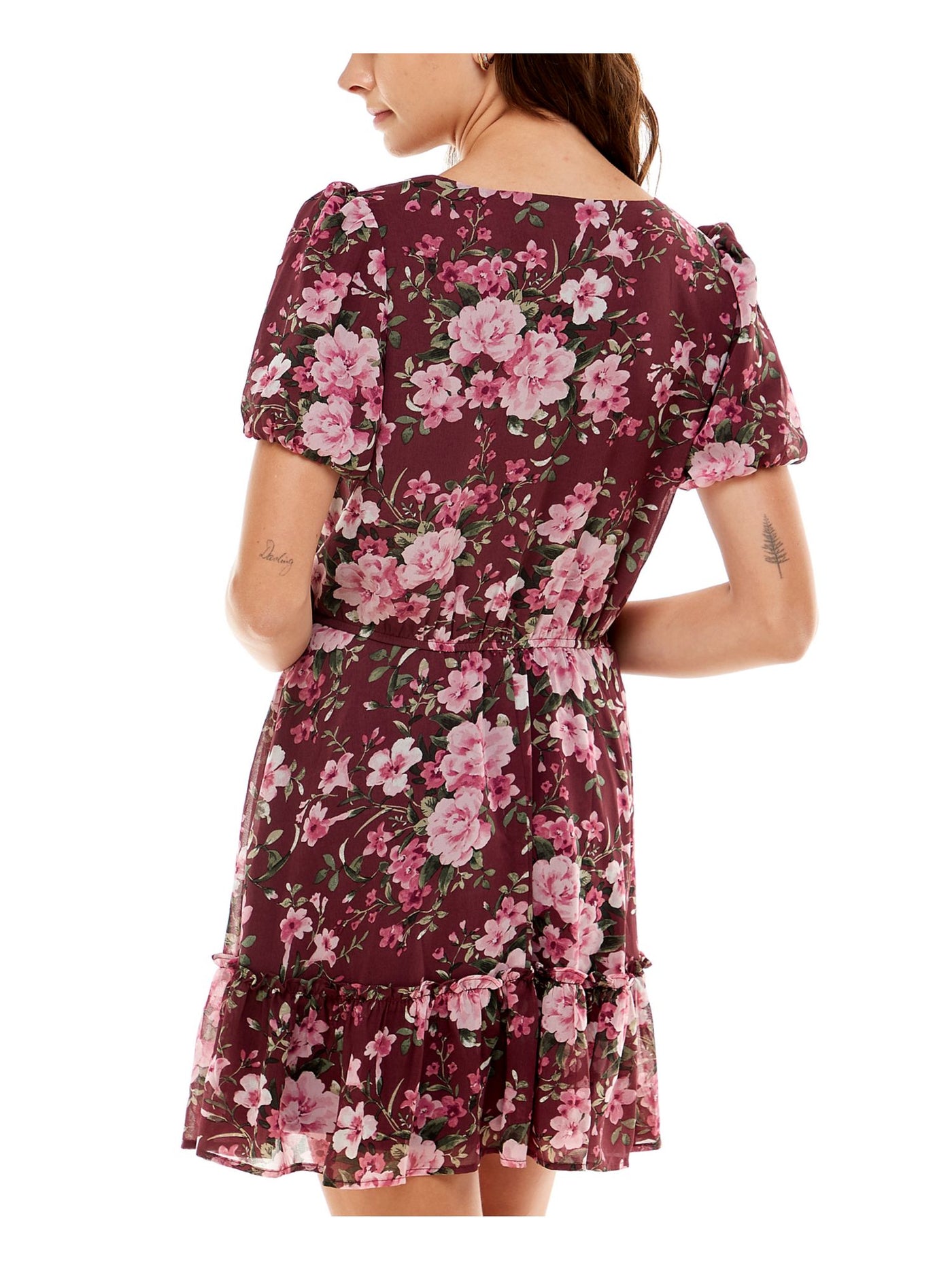 CRYSTAL DOLLS Womens Maroon Ruffled Tie Floral Pouf Sleeve V Neck Short Party Fit + Flare Dress XS