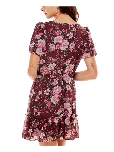 CRYSTAL DOLLS Womens Maroon Ruffled Tie Floral Pouf Sleeve V Neck Short Party Fit + Flare Dress XS