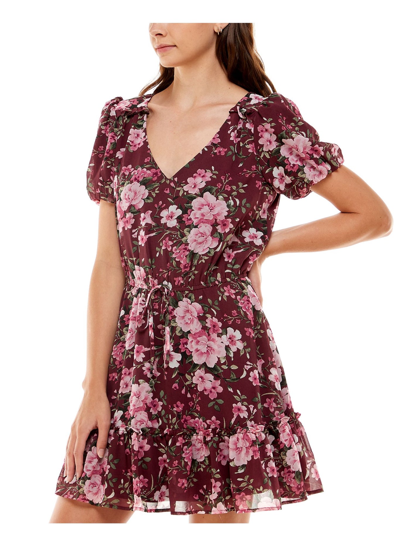 CRYSTAL DOLLS Womens Ruffled Tie Pullover Pouf Sleeve V Neck Short Party Fit + Flare Dress