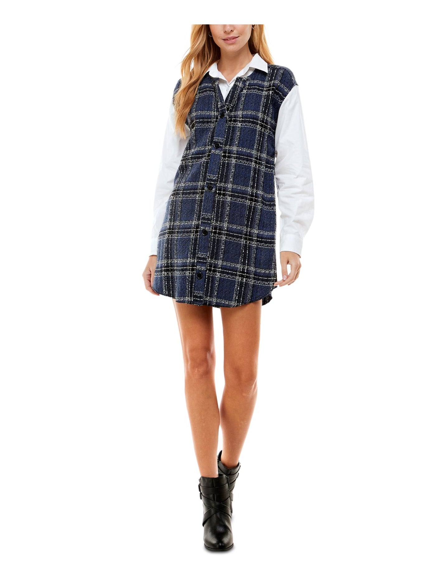 CITY STUDIO Womens Blue Plaid Long Sleeve Collared Mini Shirt Dress S