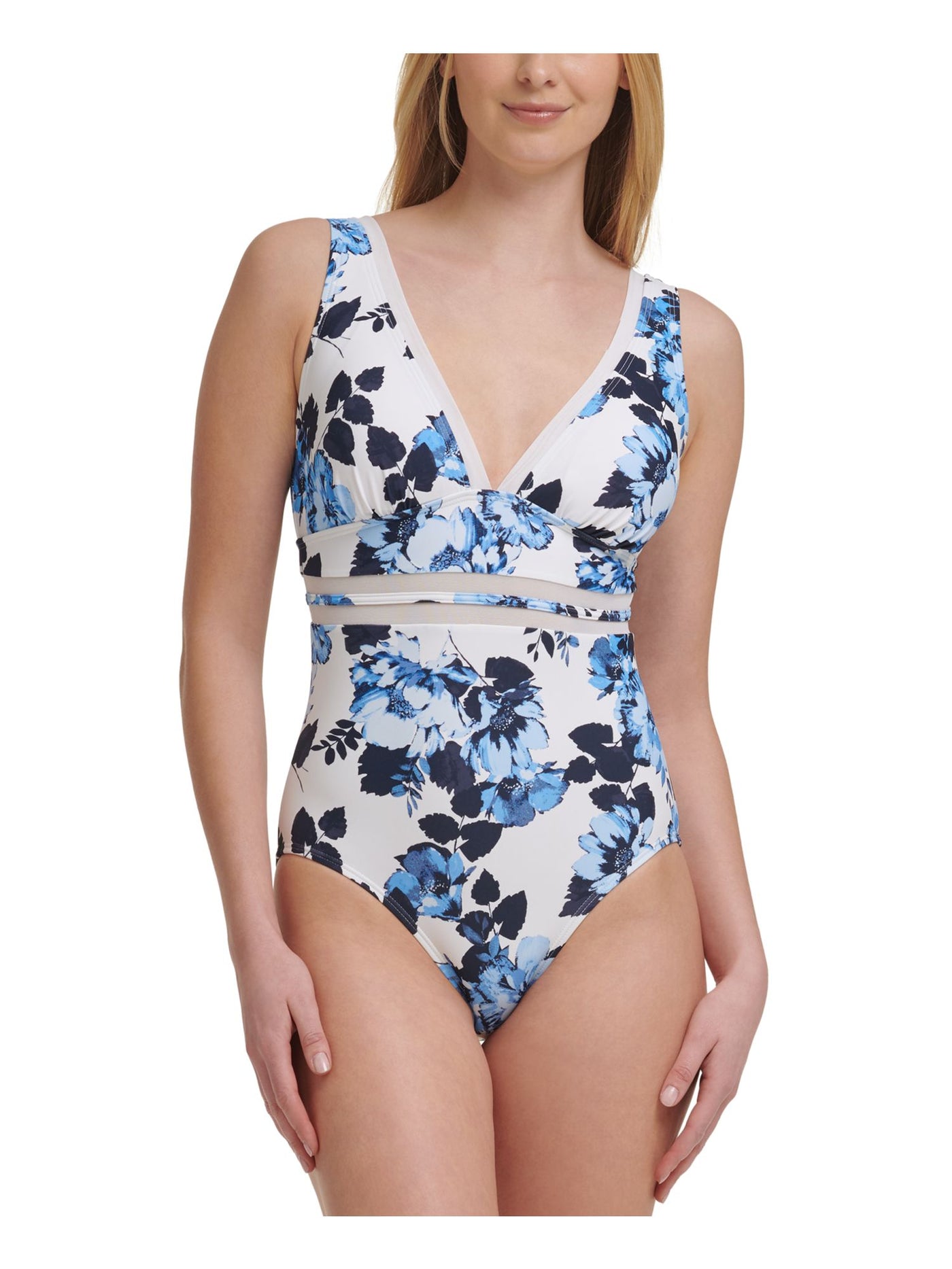 TOMMY HILFIGER Women's White Floral Stretch Allover Slimming Deep V Neck Molded Cup Escape One Piece Swimsuit 10