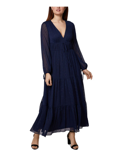 SAGE COLLECTIVE Womens Navy Ruffled Zippered Tie Waist Lined Long Sleeve V Neck Maxi Evening Shift Dress 8