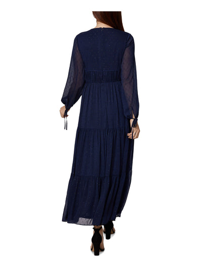 SAGE COLLECTIVE Womens Ruffled Zippered Tie Waist Lined Long Sleeve V Neck Maxi Evening Shift Dress