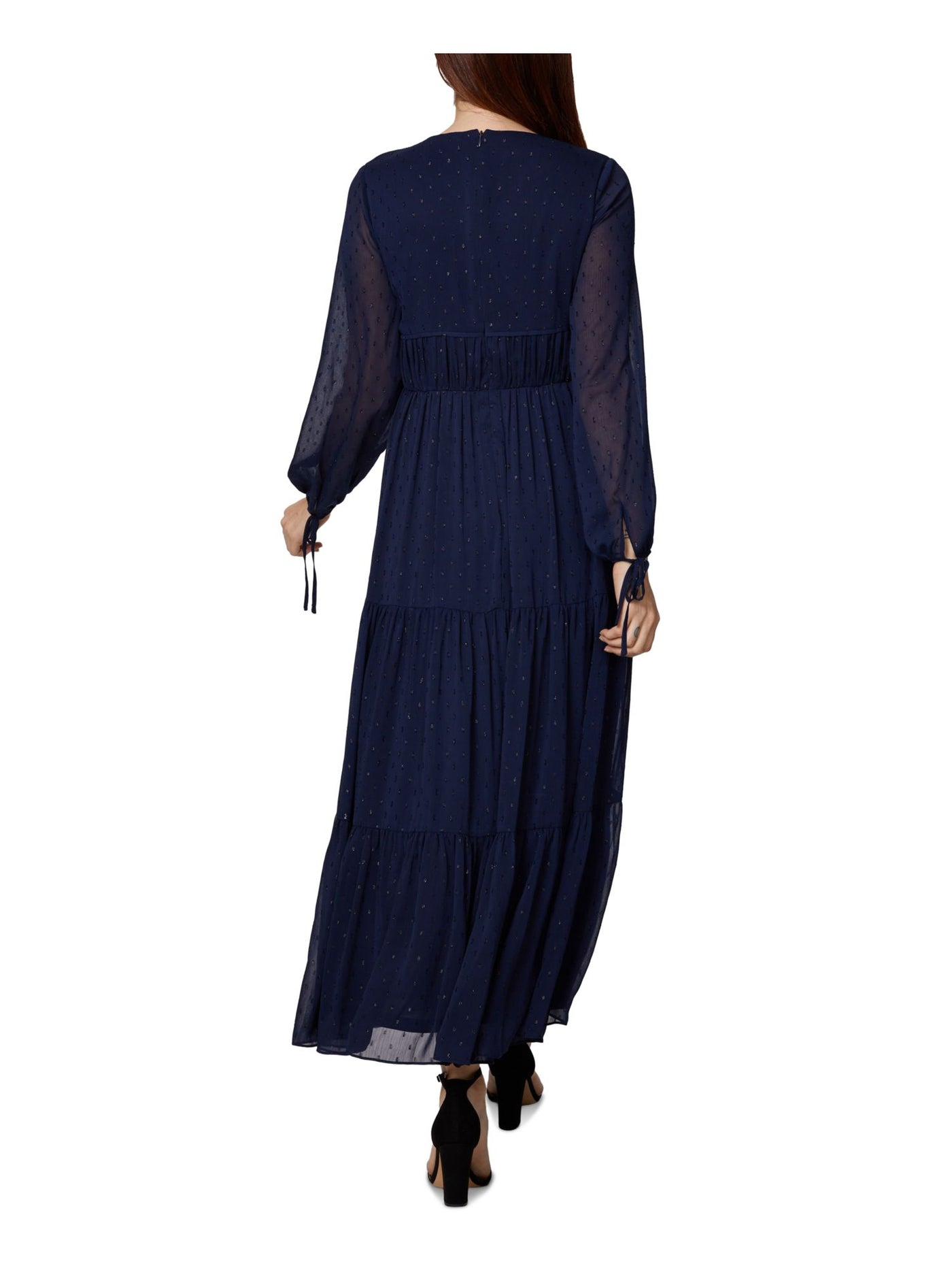 SAGE COLLECTIVE Womens Navy Ruffled Zippered Tie Waist Lined Long Sleeve V Neck Maxi Evening Shift Dress 8