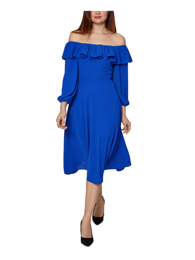 BCBGENERATION Womens Blue Stretch Ruffled Long Sleeve Midi Evening Fit + Flare Dress 4