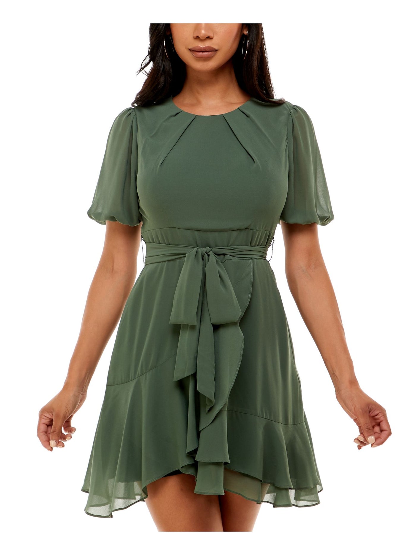 B DARLIN Womens Green Zippered Pleated Tie Sash Tiered Tulip Hem Short Sleeve Round Neck Short Party Fit + Flare Dress Juniors 11\12