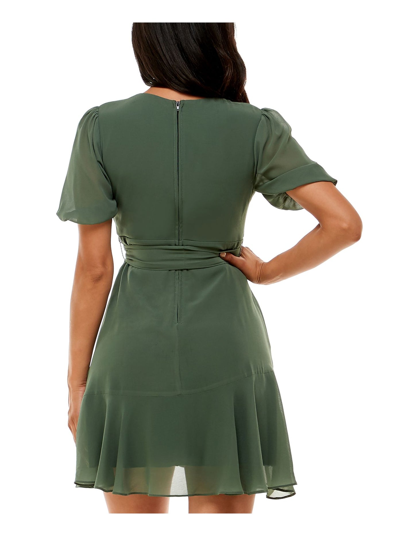 B DARLIN Womens Green Zippered Pleated Tie Sash Tiered Tulip Hem Short Sleeve Round Neck Short Party Fit + Flare Dress Juniors 11\12