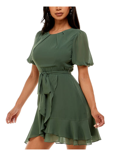 B DARLIN Womens Green Zippered Pleated Tie Sash Tiered Tulip Hem Short Sleeve Round Neck Short Party Fit + Flare Dress Juniors 11\12