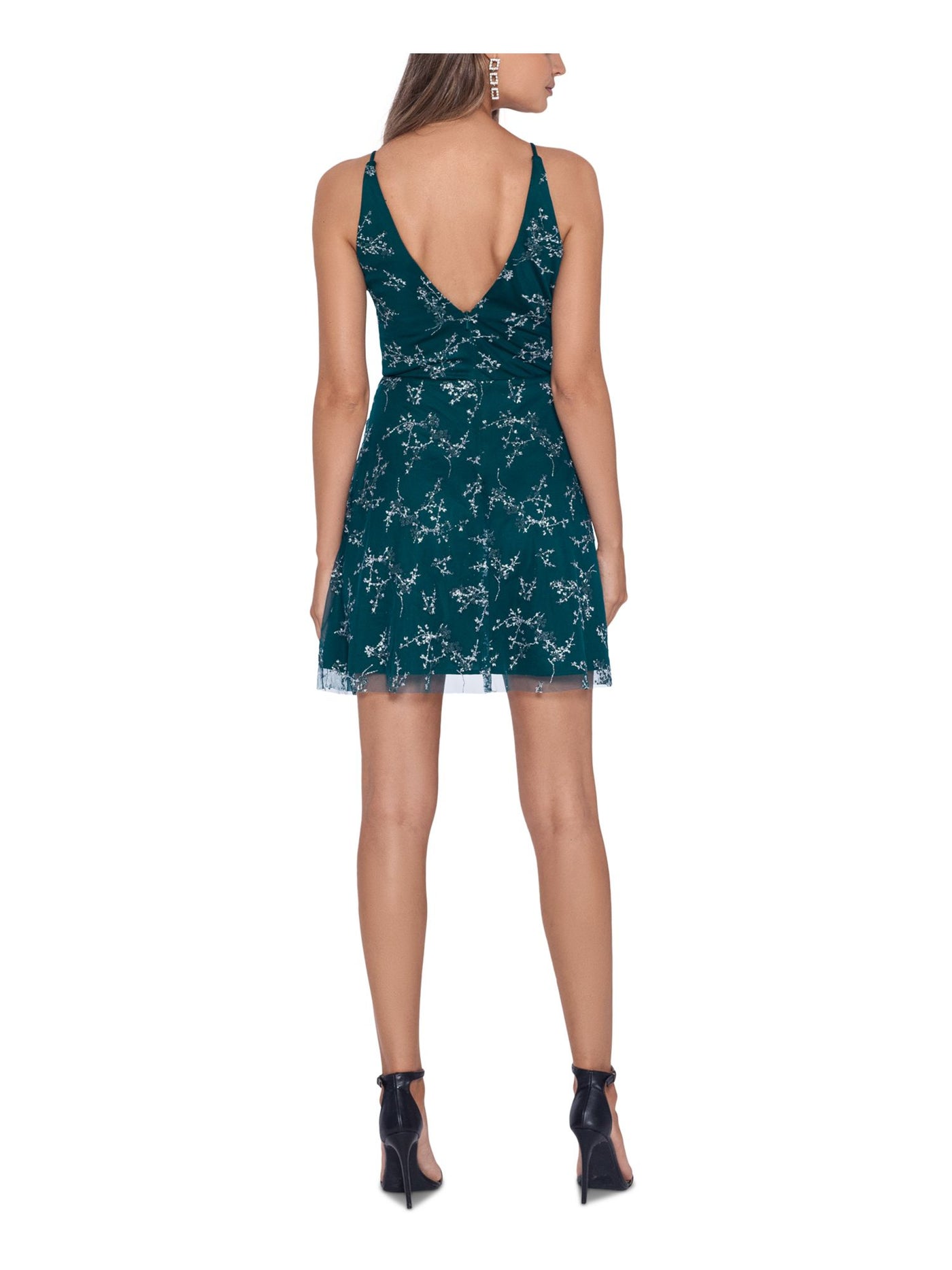 BLONDIE NITES Womens Green Embellished Zippered Sleeveless V Neck Short Party Fit + Flare Dress 3