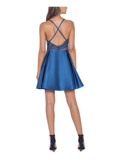 BLONDIE Womens Blue Zippered Pleated Strappy-back Illusion Spaghetti Strap Sweetheart Neckline Short Party Fit + Flare Dress 13