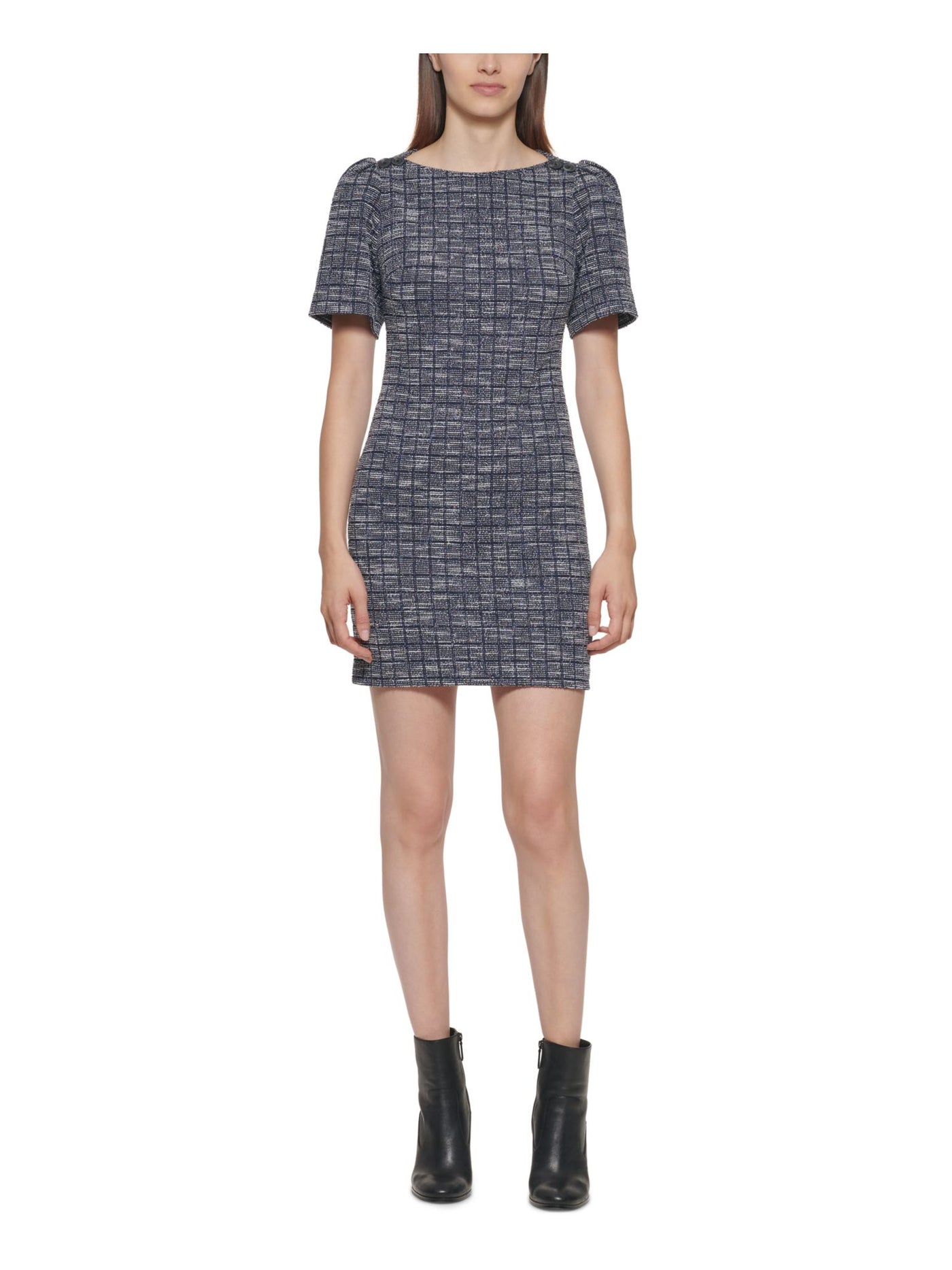 CALVIN KLEIN Womens Zippered Unlined Tweed Short Sleeve Round Neck Above The Knee Party Sheath Dress