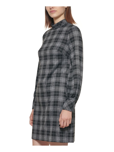 CALVIN KLEIN Womens Gray Zippered 3 Button Cuff Plaid Cuffed Sleeve Mock Neck Short Shift Dress Petites 6P