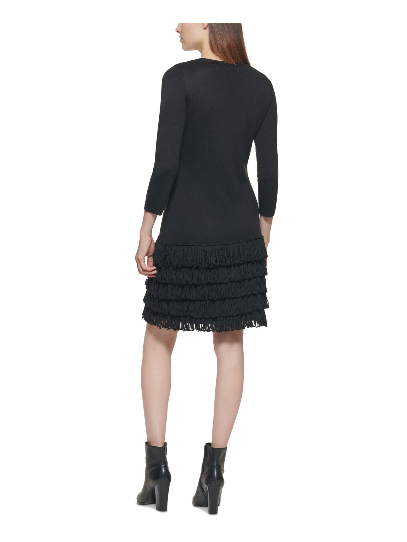 CALVIN KLEIN Womens Black 3/4 Sleeve Scoop Neck Above The Knee Evening Sweater Dress L