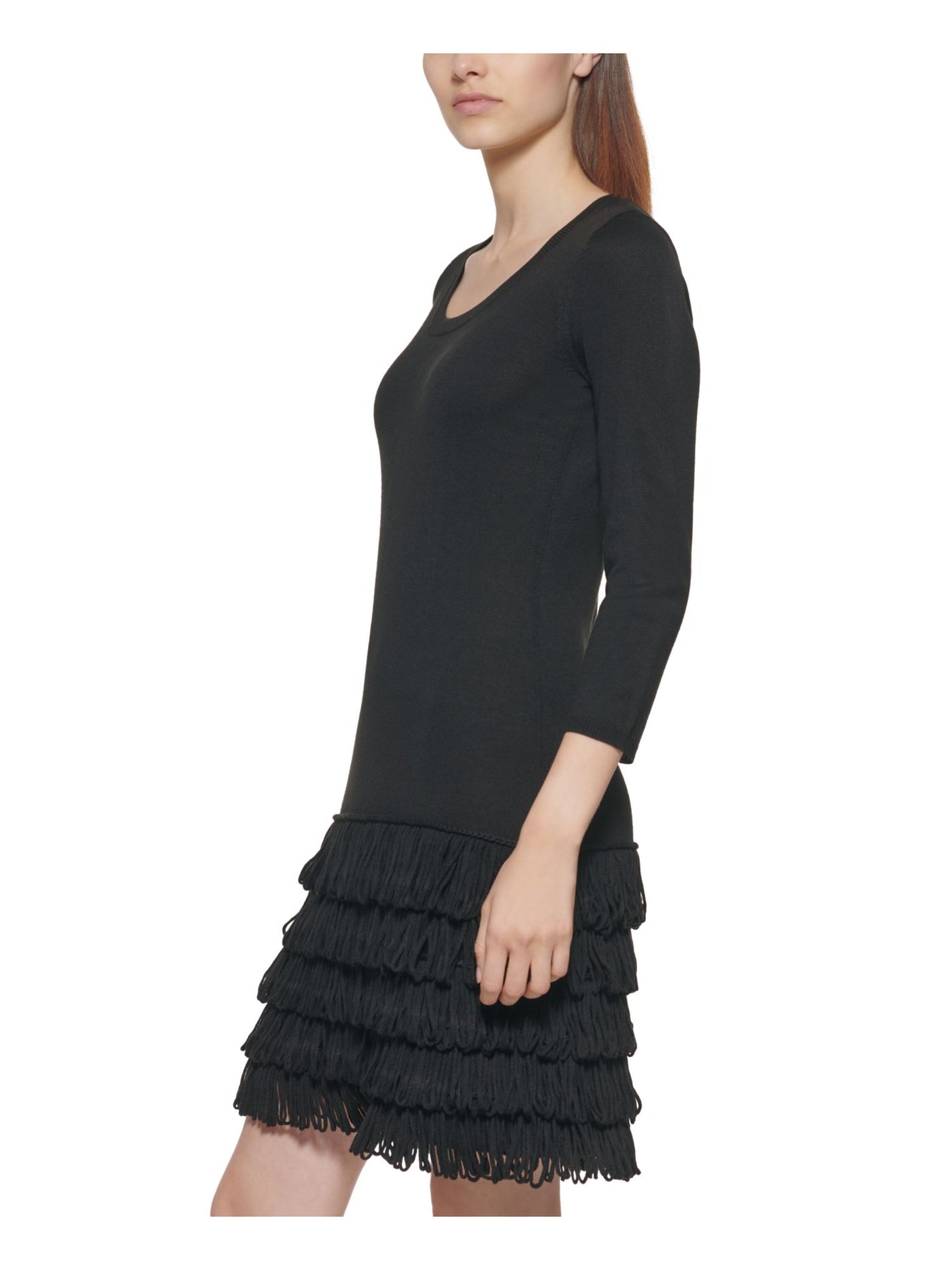 CALVIN KLEIN Womens Black 3/4 Sleeve Scoop Neck Above The Knee Evening Sweater Dress L