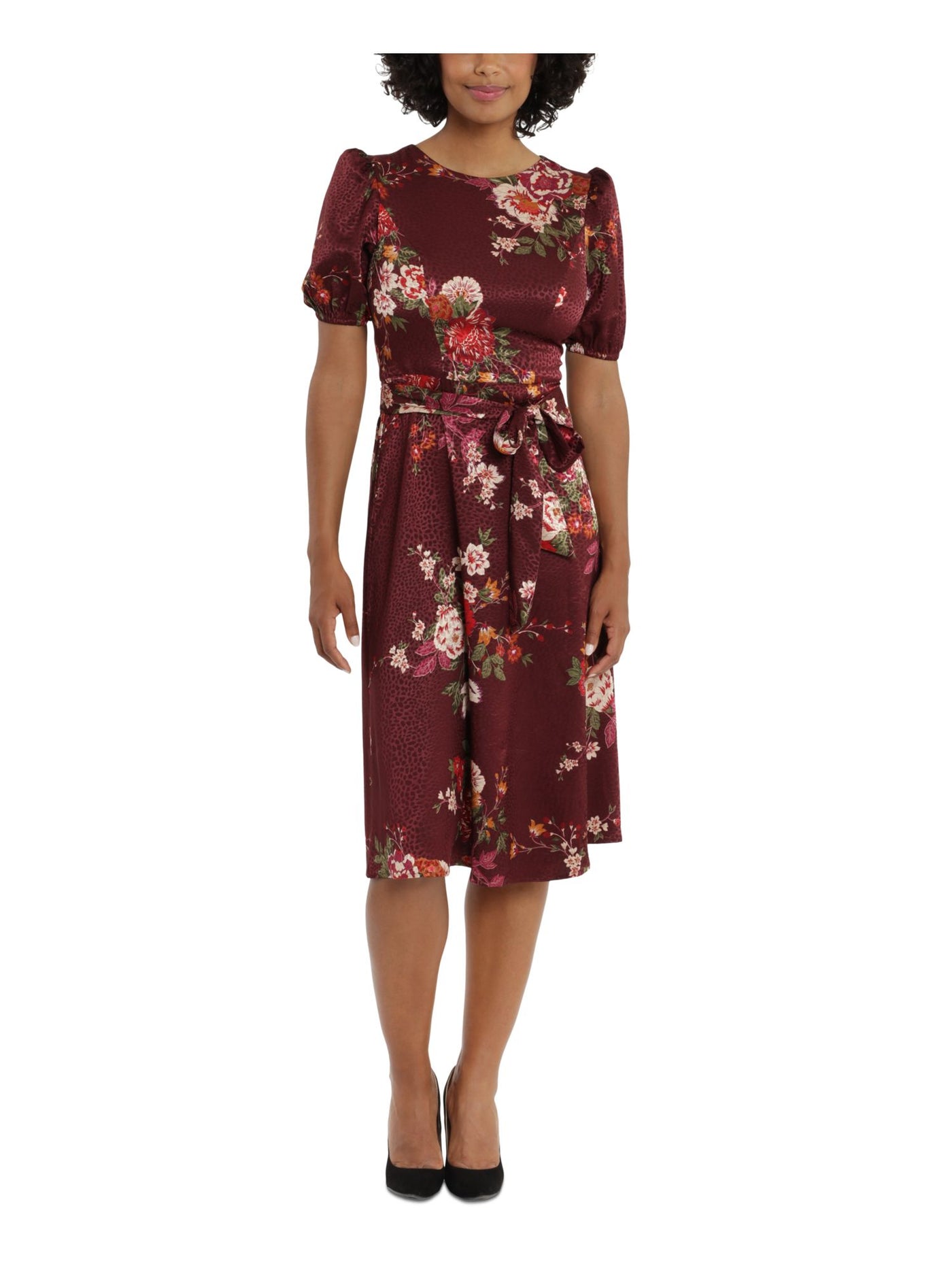 LONDON TIMES Womens Burgundy Pleated Zippered Belted Floral Short Sleeve Crew Neck Midi Wear To Work Sheath Dress Petites 10P