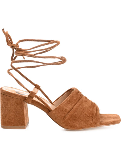 JOURNEE COLLECTION Womens Brown Wrap-Around Ankle Ruched Padded Felisity Square Toe Block Heel Lace-Up Dress Heeled Sandal 7.5