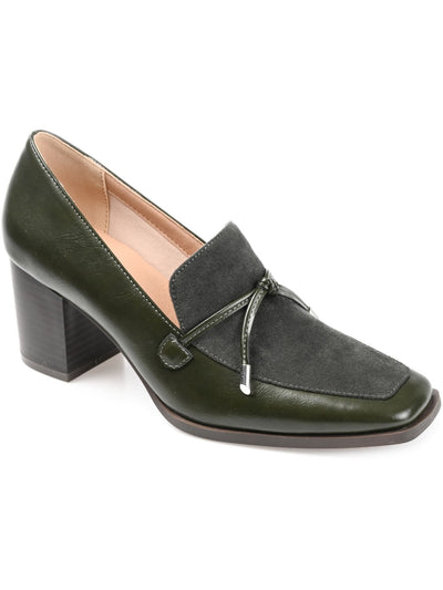 JOURNEE COLLECTION Womens Green Mixed Media Bow Accent Cushioned Crawford Square Toe Block Heel Slip On Dress Heeled Loafers 10