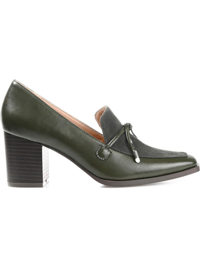 JOURNEE COLLECTION Womens Green Mixed Media Bow Accent Cushioned Crawford Square Toe Block Heel Slip On Dress Heeled Loafers 6.5