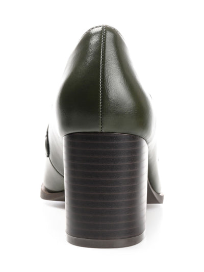 JOURNEE COLLECTION Womens Green Mixed Media Bow Accent Cushioned Crawford Square Toe Block Heel Slip On Dress Heeled Loafers 10
