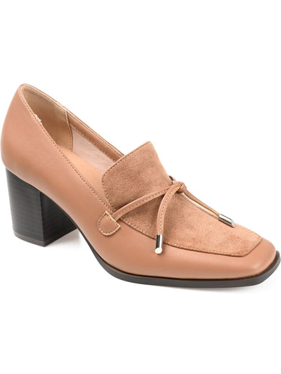 JOURNEE COLLECTION Womens Beige Mixed Media Cushioned Bow Accent Crawford Square Toe Block Heel Slip On Heeled Loafers 7