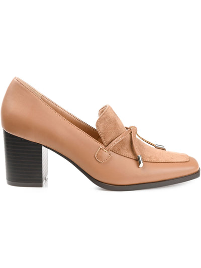 JOURNEE COLLECTION Womens Beige Mixed Media Cushioned Bow Accent Crawford Square Toe Block Heel Slip On Heeled Loafers 7