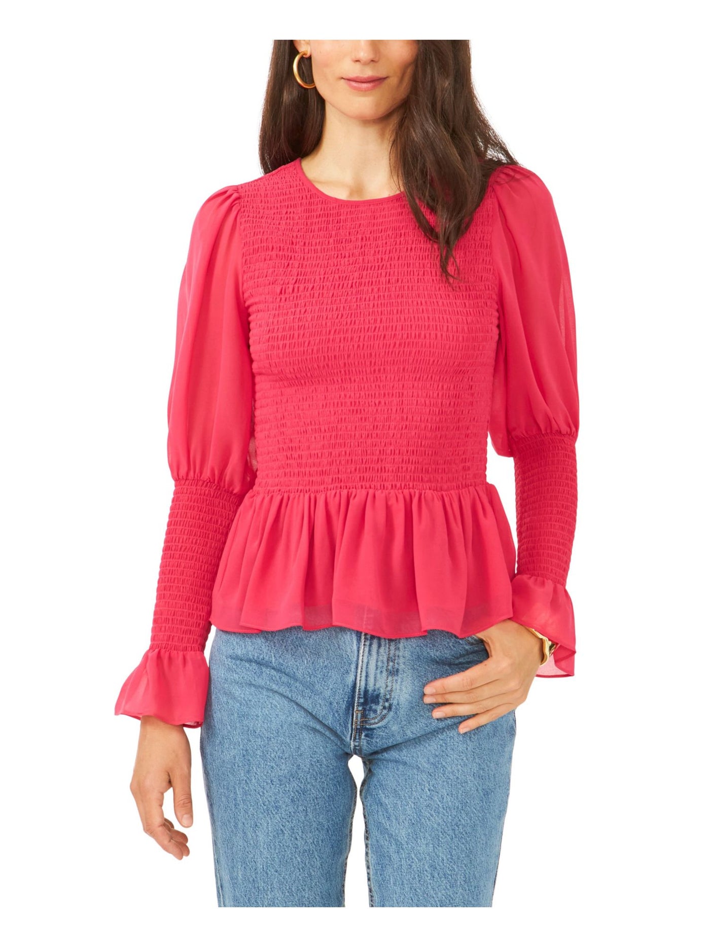 1. STATE Womens Pink Smocked Ruffled Long Sleeve Crew Neck Wear To Work Peplum Top XS