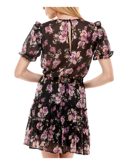 TRIXXI Womens Black Sheer Tiered Hem Lined Floral Elbow Sleeve Square Neck Short Party Fit + Flare Dress L