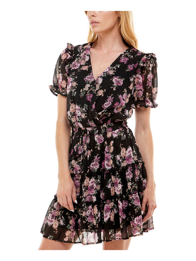 TRIXXI Womens Black Sheer Tiered Hem Lined Floral Elbow Sleeve Square Neck Short Party Fit + Flare Dress L