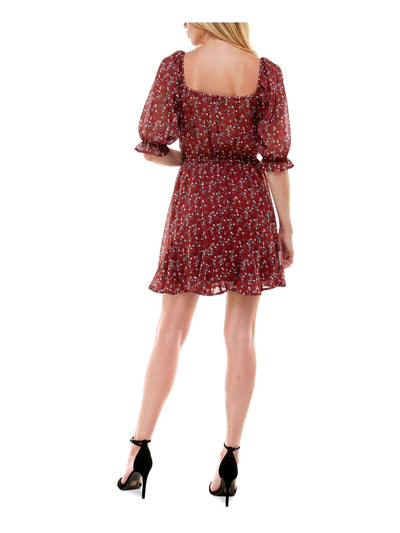 TRIXXI Womens Maroon Floral Balloon Sleeve Square Neck Above The Knee Party Fit + Flare Dress S