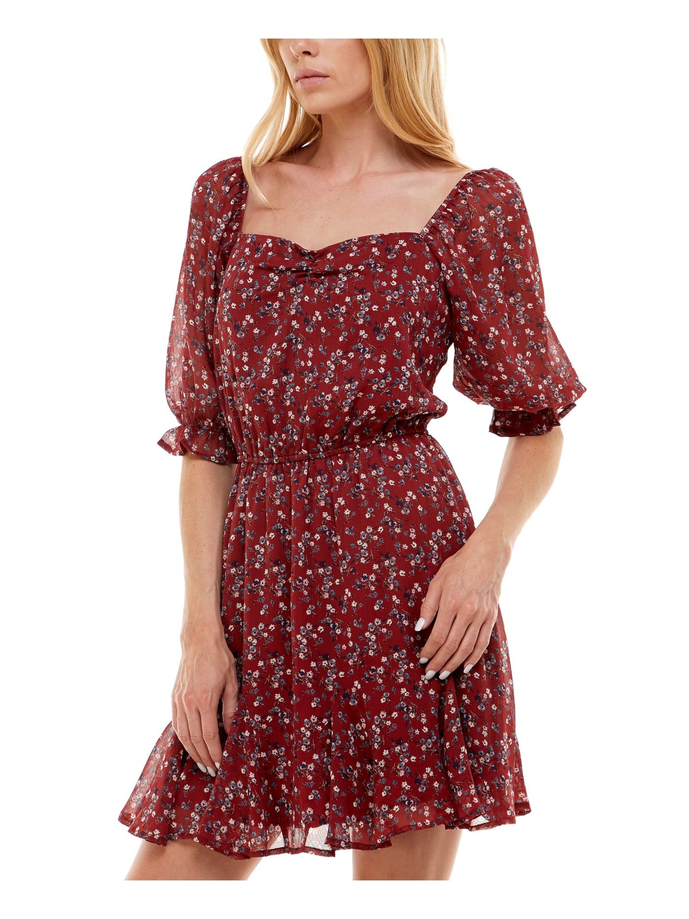 TRIXXI Womens Maroon Floral Balloon Sleeve Square Neck Above The Knee Party Fit + Flare Dress XXS