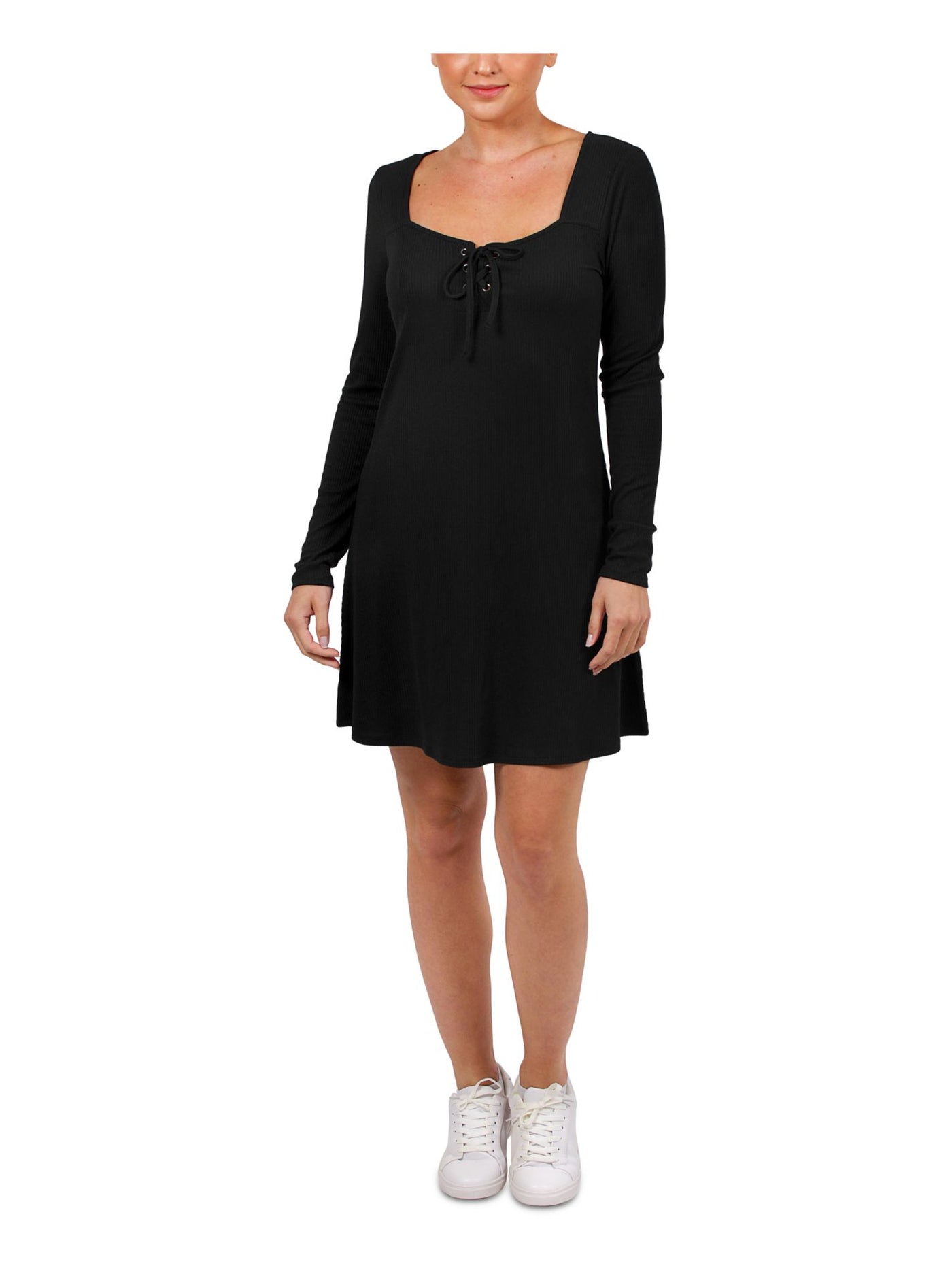 HIPPIE ROSE Womens Black Stretch Ribbed Tie Front Long Sleeve Square Neck Short Fit + Flare Dress Juniors XL