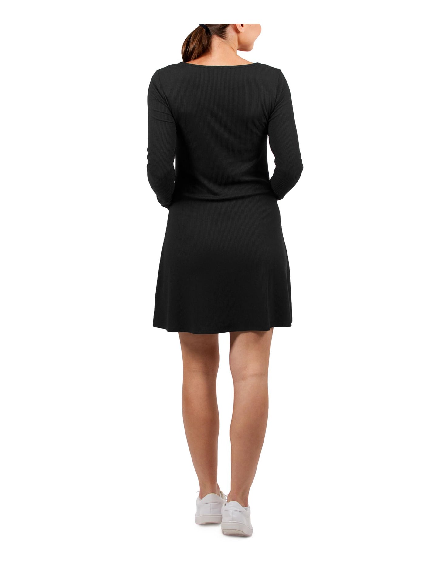 HIPPIE ROSE Womens Black Stretch Ribbed Tie Front Long Sleeve Square Neck Short Fit + Flare Dress Juniors XL