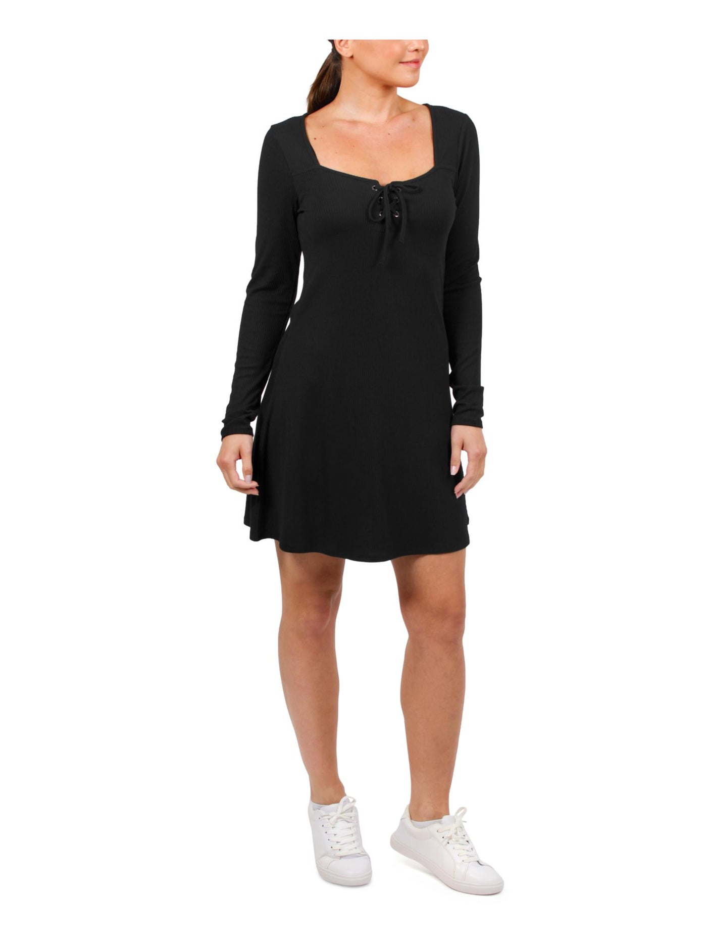 HIPPIE ROSE Womens Black Stretch Ribbed Tie Front Long Sleeve Square Neck Short Fit + Flare Dress Juniors XL