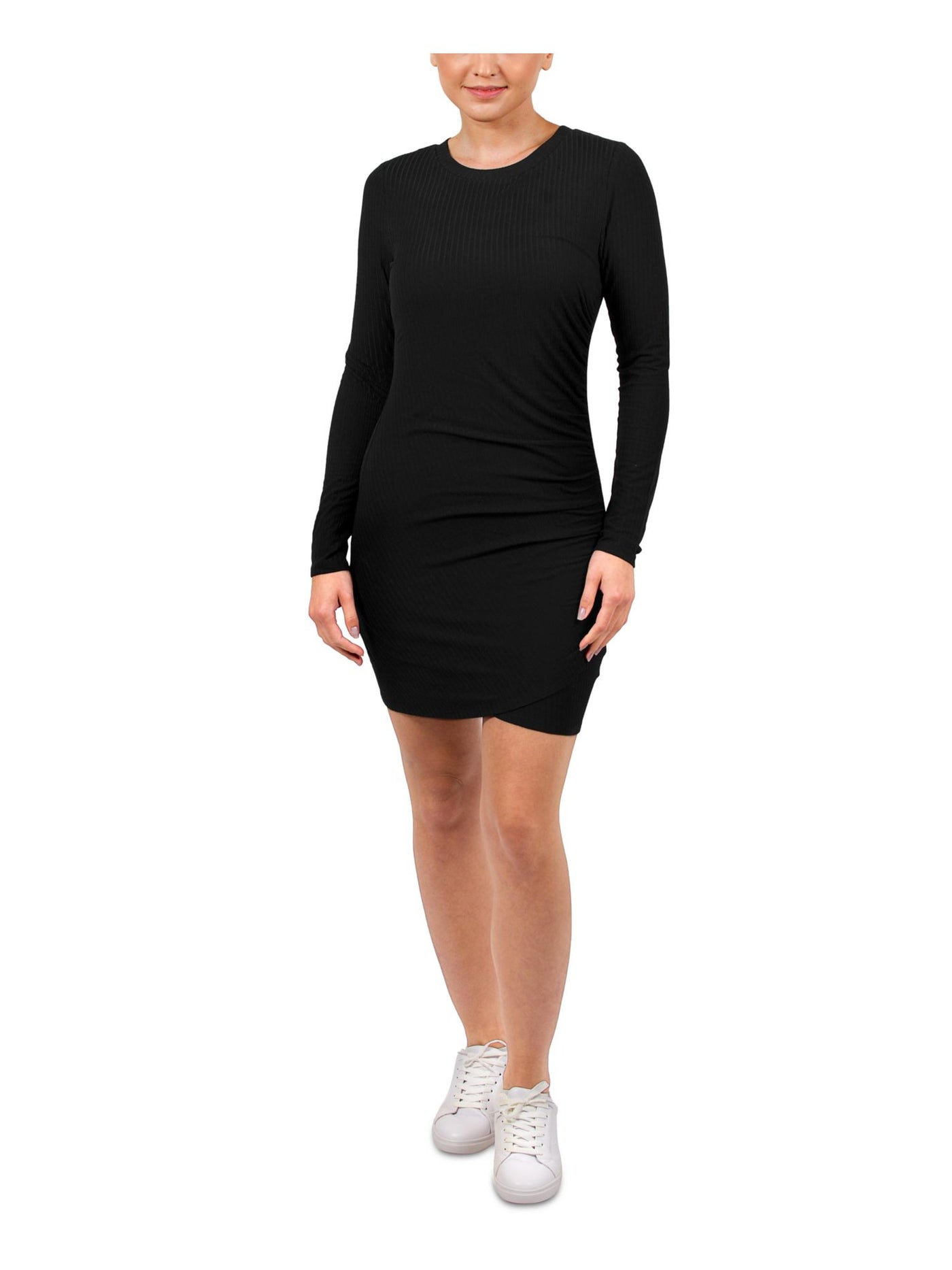 HIPPIE ROSE Womens Black Stretch Ruched Ribbed Wrap Hemline Long Sleeve Scoop Neck Above The Knee Party Body Con Dress XS