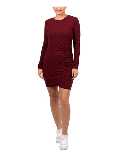 HIPPIE ROSE Womens Burgundy Stretch Ruched Ribbed Wrap Hemline Long Sleeve Scoop Neck Above The Knee Party Body Con Dress L