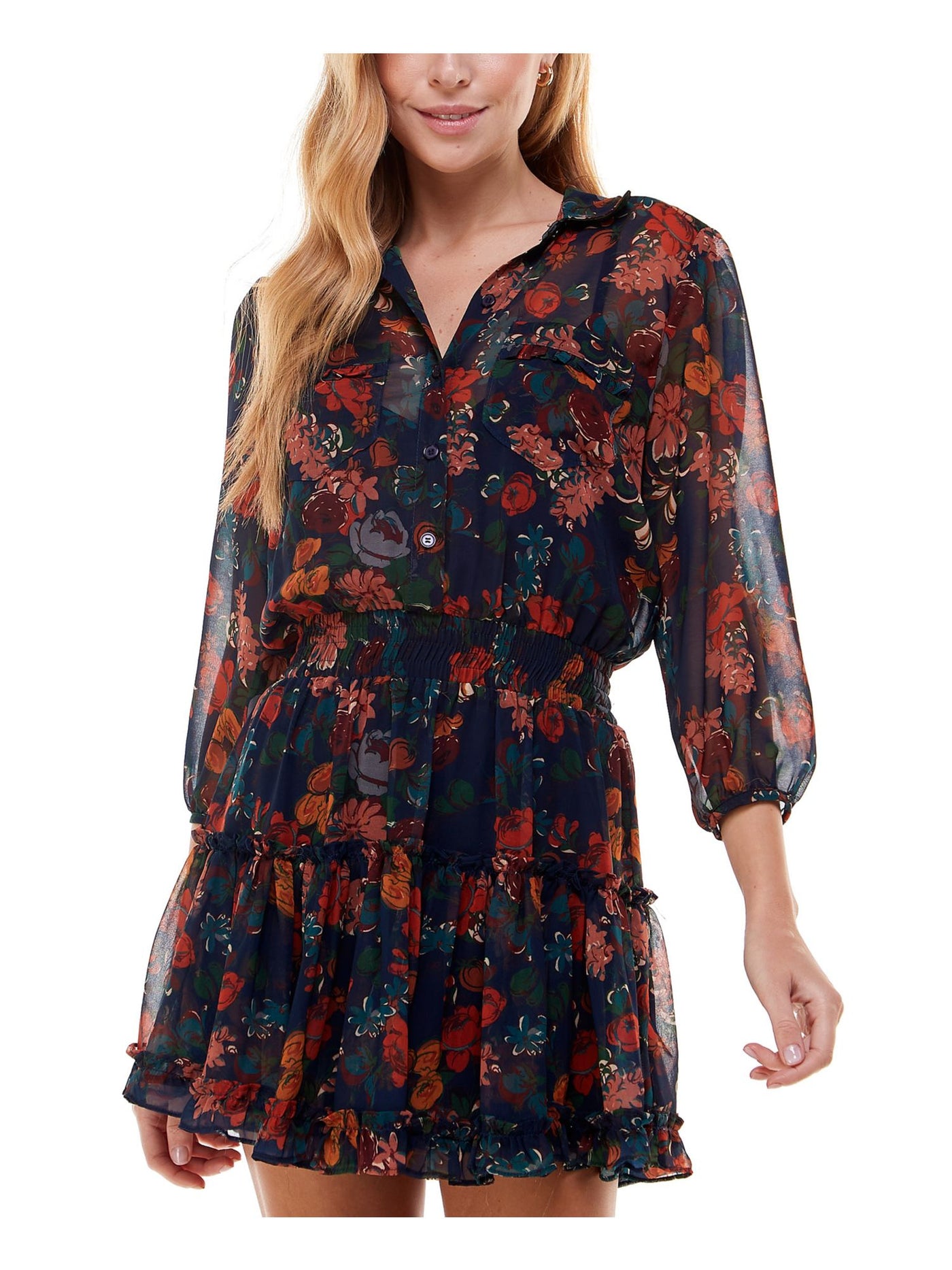 CITY STUDIO Womens Navy Ruffled Pocketed Button Front Smocked Waist Lined Floral 3/4 Sleeve Collared Short Shirt Dress Juniors XS