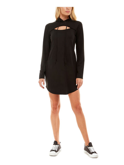 ALMOST FAMOUS Womens Black Stretch Cut Out Drawstring Hood Long Sleeve Crew Neck Above The Knee Fit + Flare Dress XS