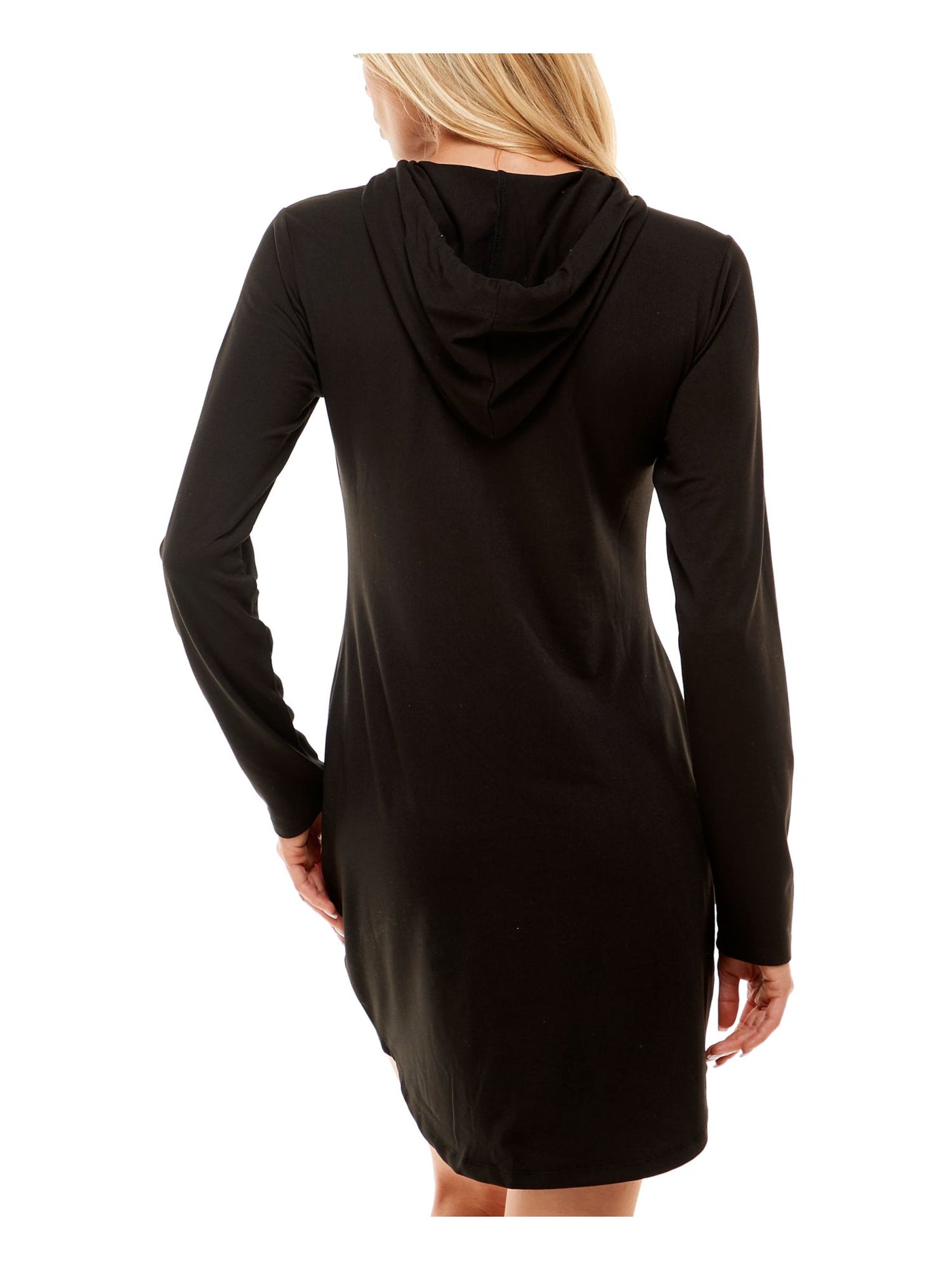 ALMOST FAMOUS Womens Black Stretch Cut Out Drawstring Hood Long Sleeve Crew Neck Above The Knee Fit + Flare Dress XS