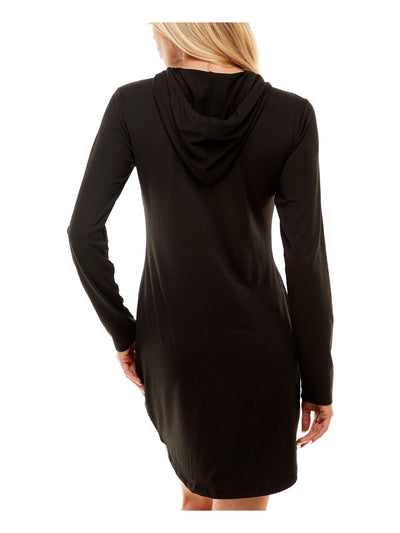 ALMOST FAMOUS Womens Black Stretch Cut Out Drawstring Hood Long Sleeve Crew Neck Above The Knee Fit + Flare Dress XS
