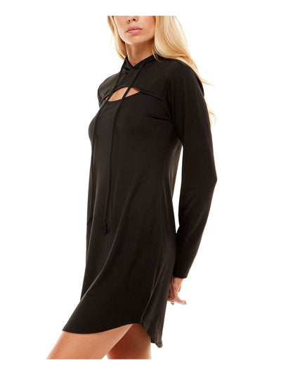 ALMOST FAMOUS Womens Black Stretch Cut Out Drawstring Hood Long Sleeve Crew Neck Above The Knee Fit + Flare Dress XS